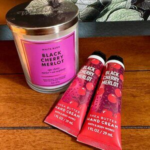 NEW 3-Pc BBW BLACK CHERRY MERLOT Single Wick Candle & 2 Hand Creams